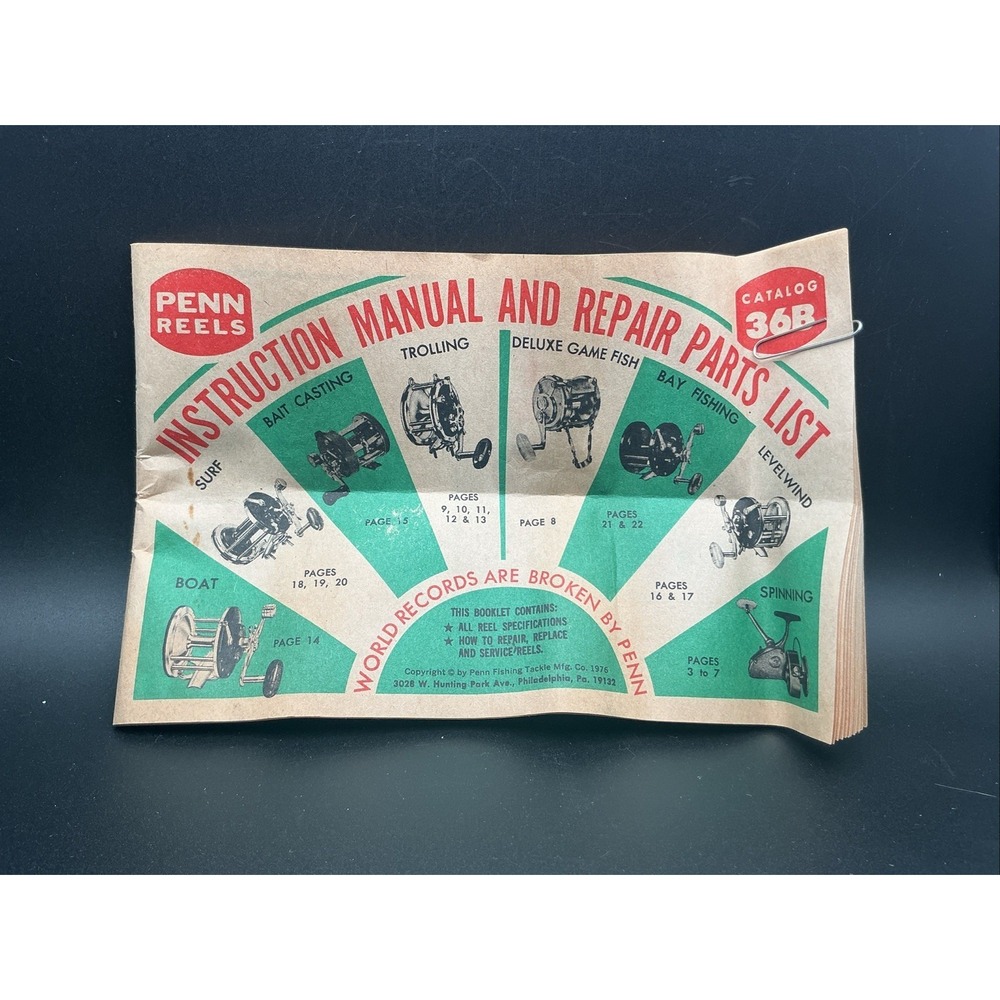 Vintage 1976 Penn Reels Catalog 36B Instruction‎ Manual and Repair Parts List